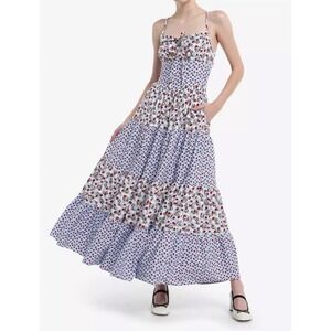 Thorn & Fable Raccoon Strawberry Tiered Maxi Dress Blue White Gingham LG NWT